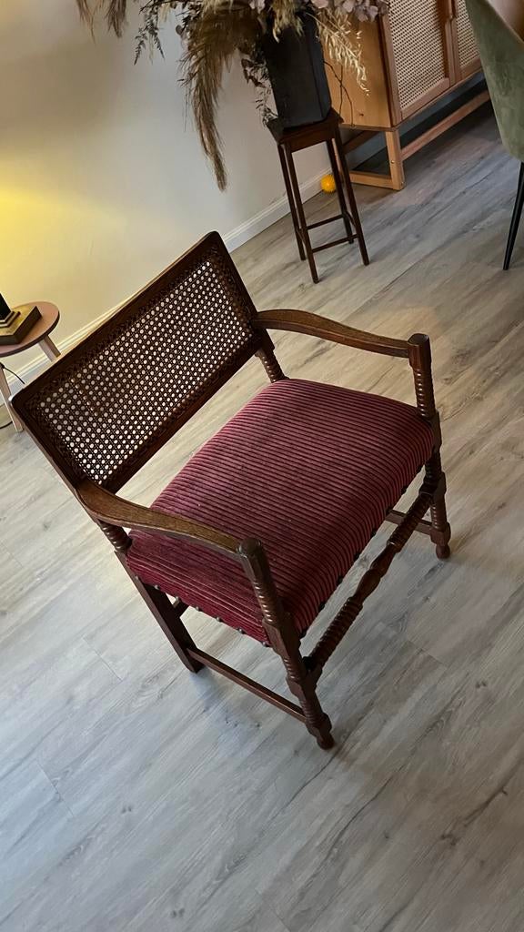 Vintage houten bankje met rotan rugleuning en fluwelen zitti, Ophalen