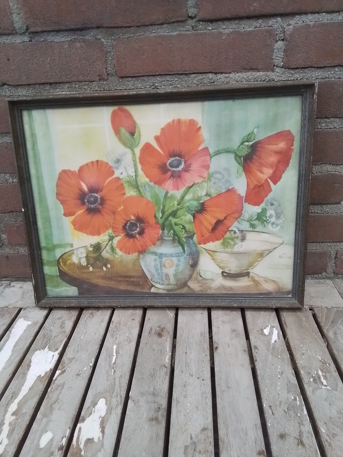 Schilderij met klaprozen in vaas, Ophalen of Verzenden