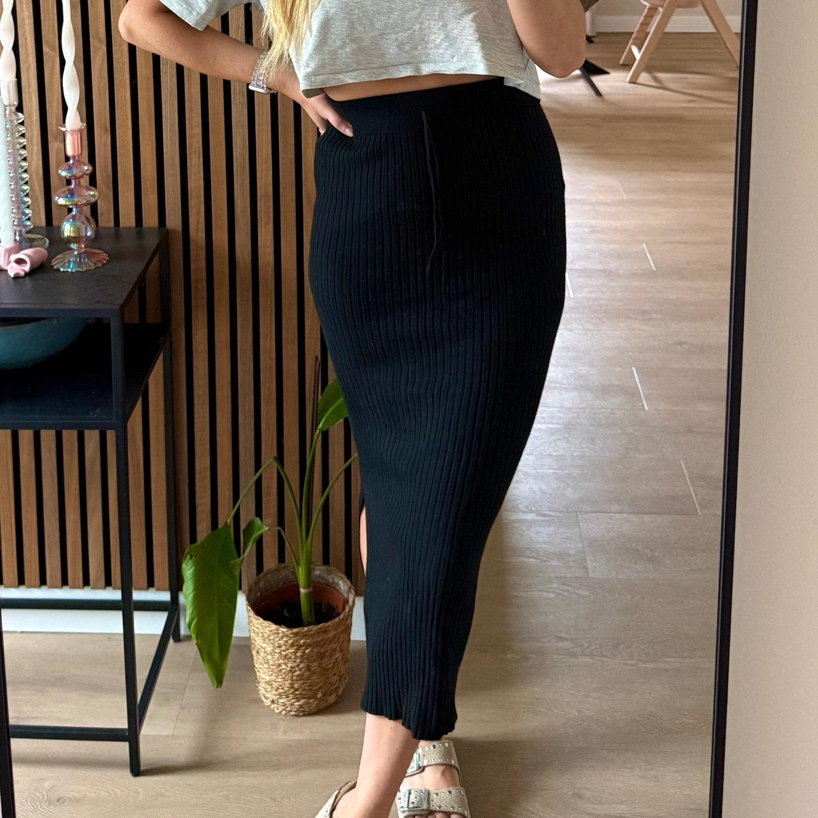 Midi ribstof rok met stretch, Kleding | Dames, Rokken, Nieuw, Maat 38/40 (M), Zwart, Onder de knie, Ophalen of Verzenden