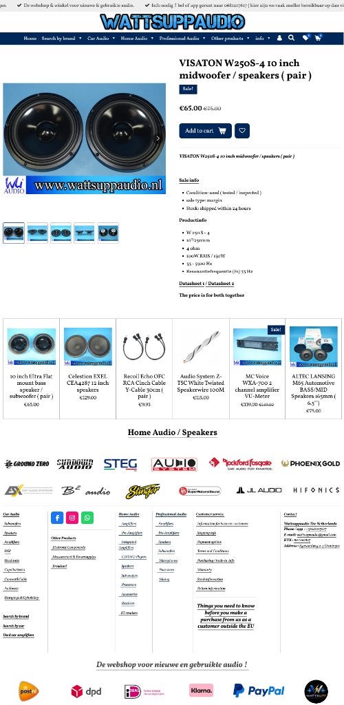 VISATON W250S-4 10 inch midwoofer / speakers / Set van 2, Overige merken, Gebruikt, 120 tot 150 watt, .