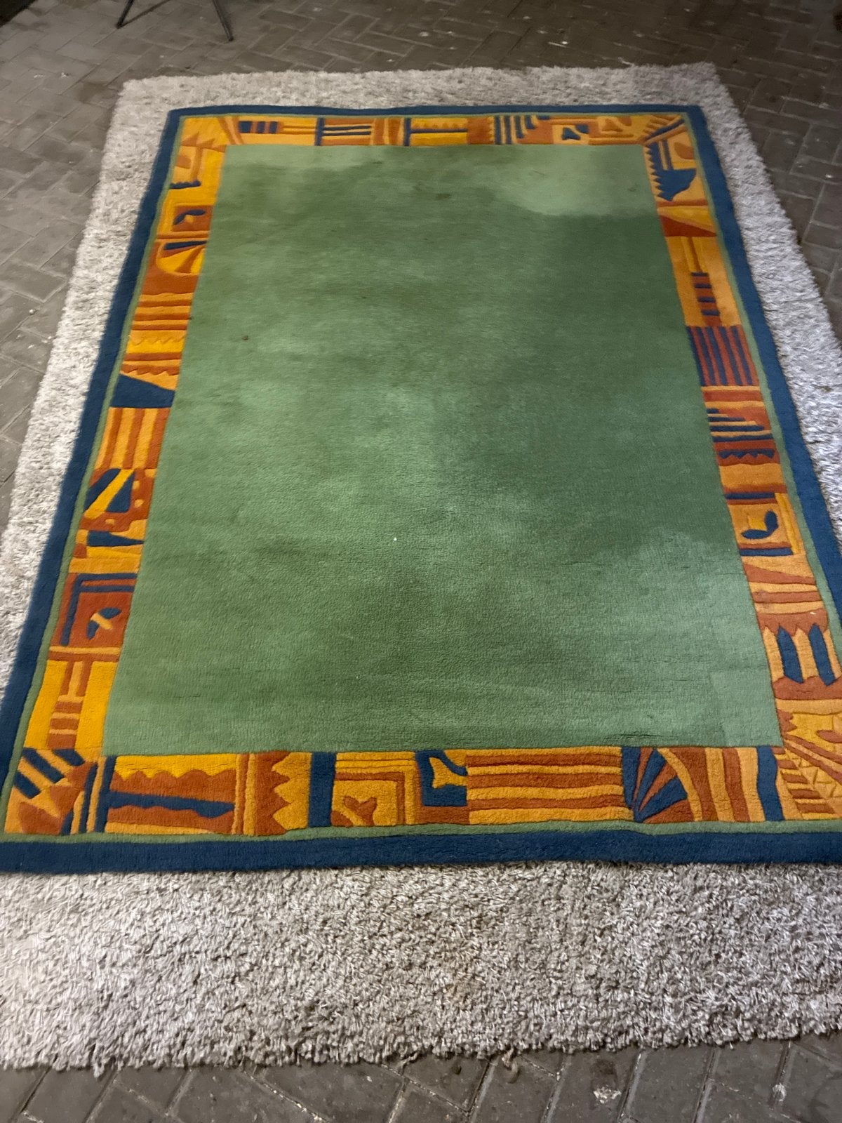 Groen vloerkleed met kleurrijke rand - 230x165 cm, Ophalen, Gebruikt, 150 tot 200 cm, 200 cm of meer