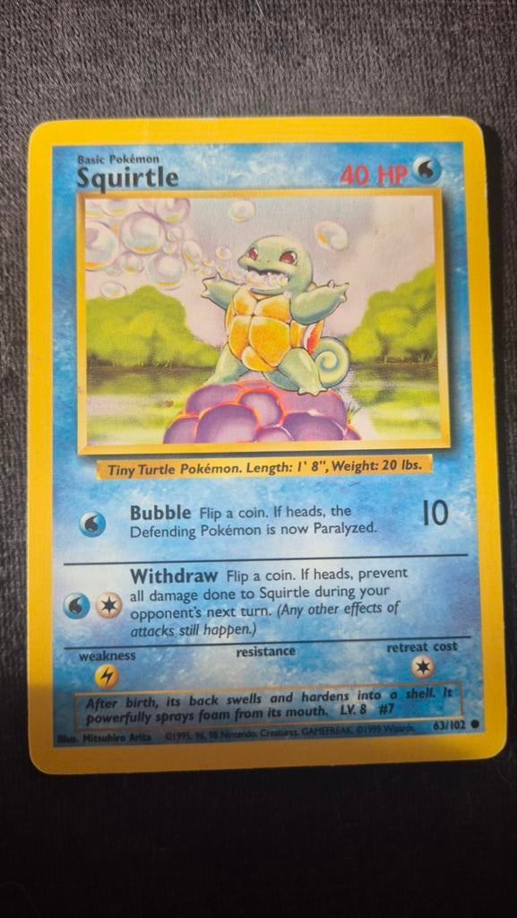 Pokémon Kaart Squirtle 63/102 Base Set, Ophalen of Verzenden, Gebruikt, Losse kaart