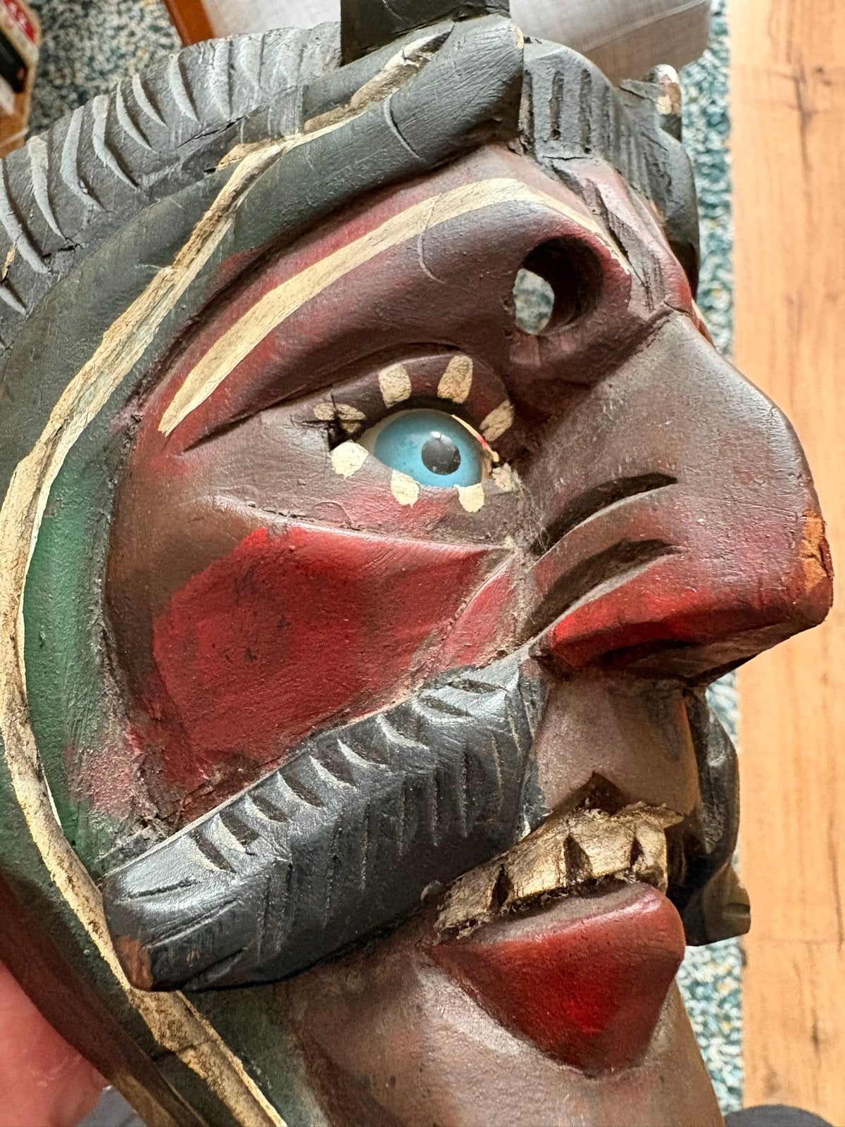 Uniek handgesneden vintage houten masker Guatamala Mexico, Antiek en Kunst, Ophalen of Verzenden