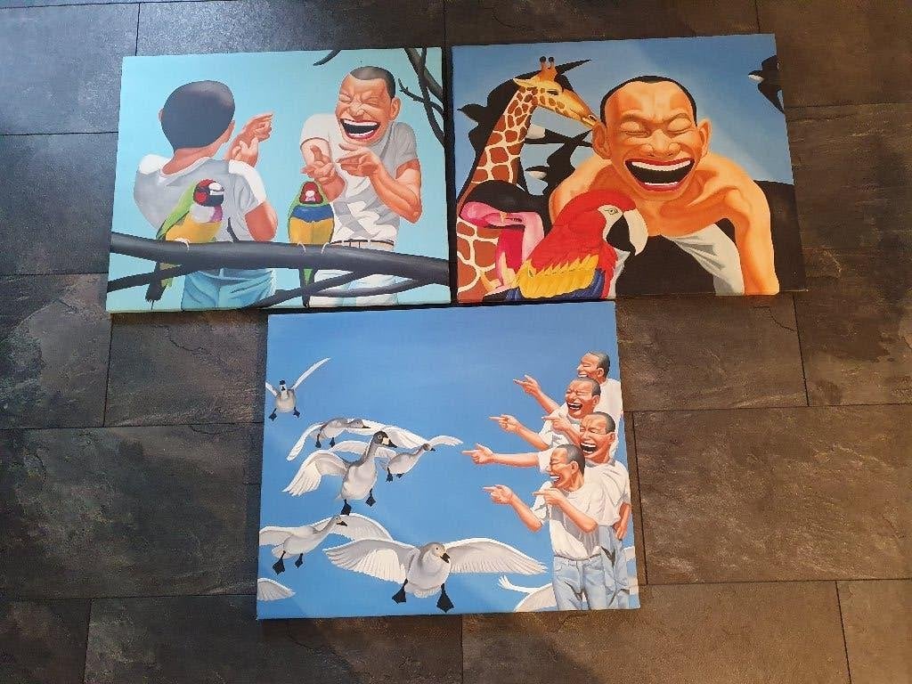 3 vrolijke schilderijen 50 cm x 60 cm, Antiek en Kunst, Kunst | Schilderijen | Modern, Ophalen, Op houten frame, Stripfiguren/cartoons