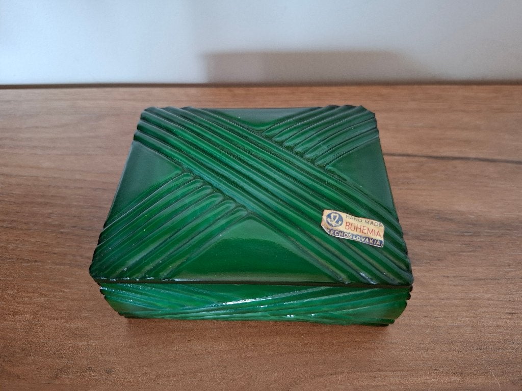 Prachtige Art Deco Bohemia Malachietglazen Doosje, Antiek en Kunst, Ophalen of Verzenden
