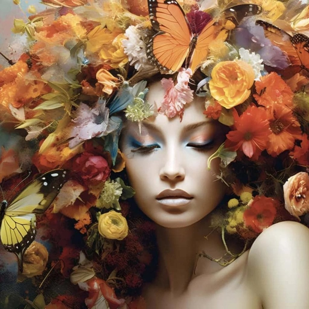 Glasschilderij vrouw met Bloemen en vlinders, Gehard glas, Huis en Inrichting, Schilderij, Nieuw, Ophalen of Verzenden, Glas