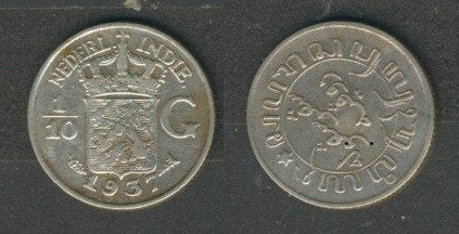 Nederland Ned Indië 10 cent 1937 Zilver Munt c-6 jdu, Zilver, Ophalen of Verzenden, 10 cent, Koningin Wilhelmina