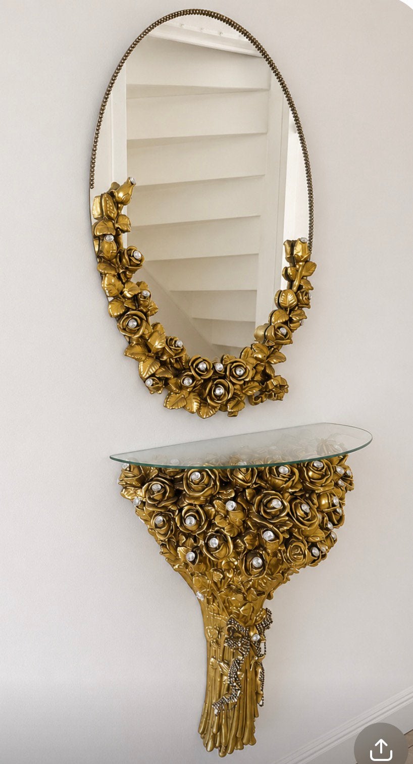 Gouden Barok/ Luxe Hollywood Regency Wandtafel met Spiegel, Antiek en Kunst, Ophalen, Ovaal, Minder dan 50 cm