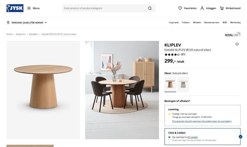 Ronde eettafel van de Jysk Kliplev Naturel eiken 120cm, Ophalen, 50 tot 100 cm, 100 tot 150 cm, Zo goed als nieuw
