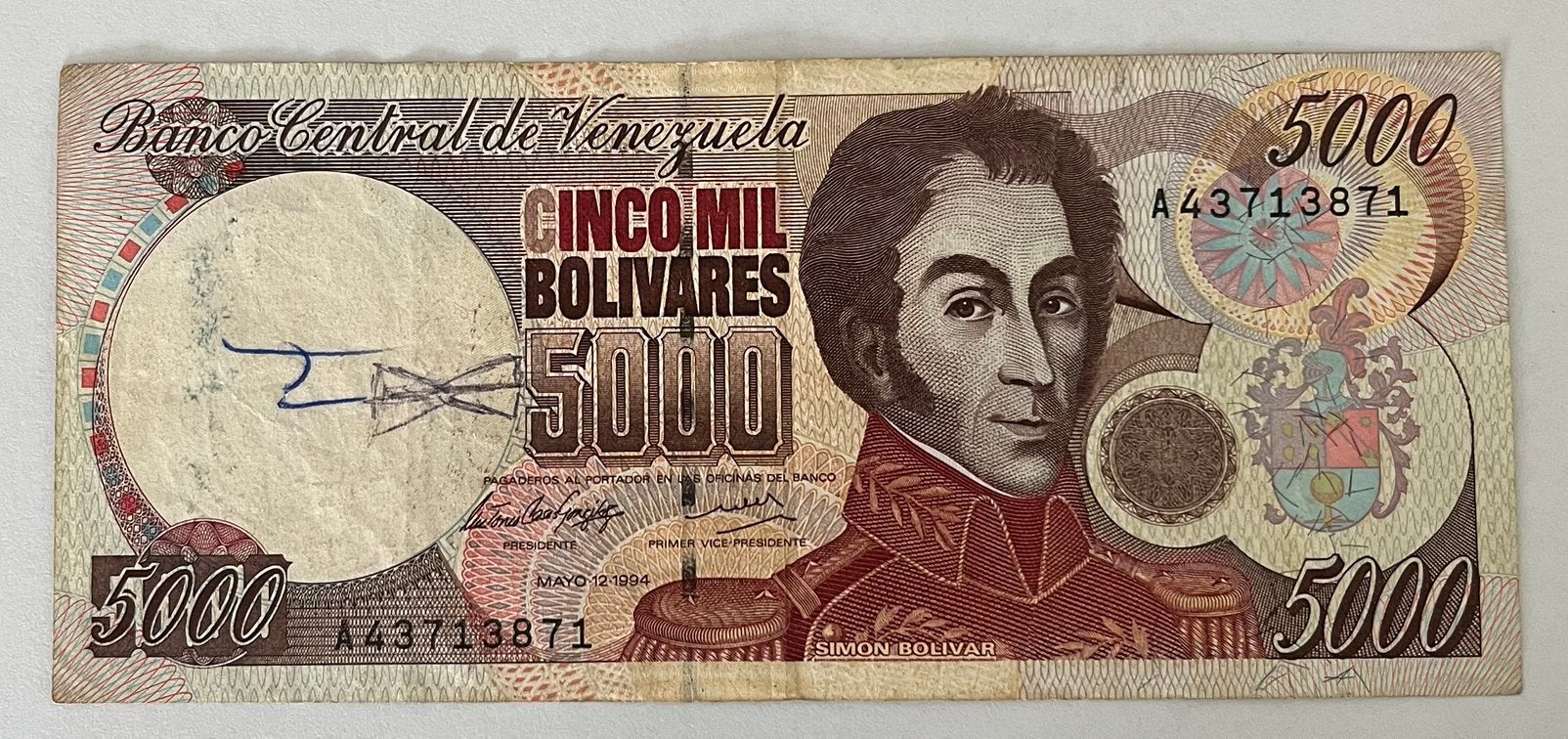 Venezuela 5.000 Bolivares 1994 gebruikte staat, Verzenden, Zuid-Amerika, Los biljet