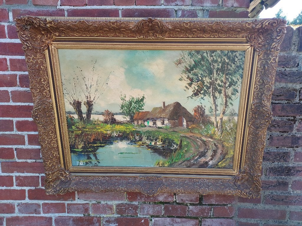 Schilderij boerderij in waterlandschap., Ophalen, Nederlandse school, Doek, Olieverf