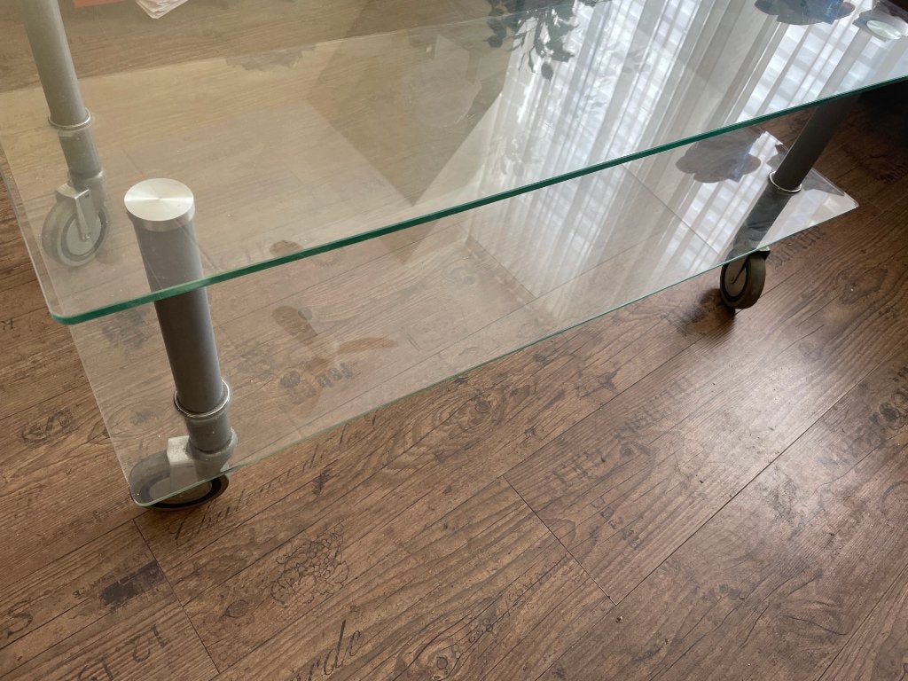 Rechthoekig Salontafel Metaal, Glas grote zwenk draaiwielen, Huis en Inrichting, Ophalen, 100 tot 150 cm, 50 tot 100 cm, Glas