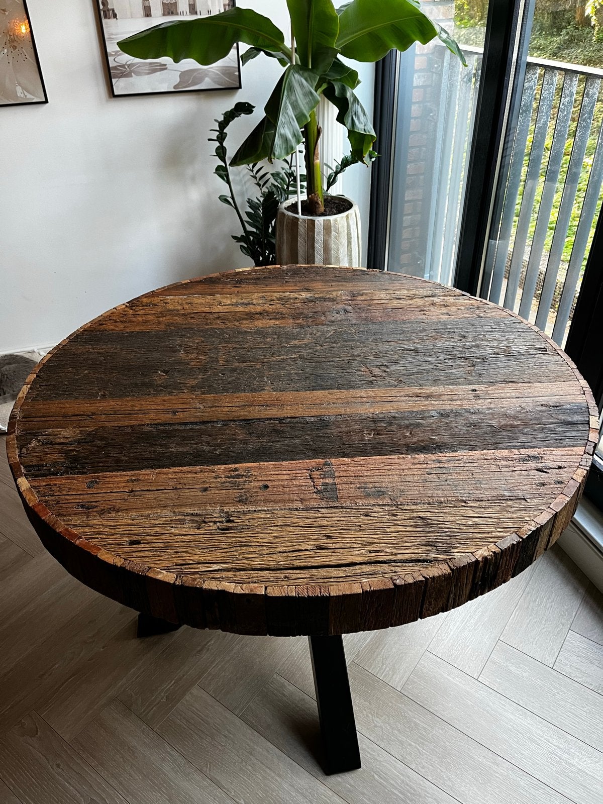 Ronde massief eikenhouten tafel 120cm, Ophalen, 100 tot 150 cm, Zo goed als nieuw, Vier personen