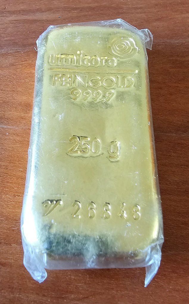 250 gram .999 fijn goud Umicore, Postzegels en Munten, Edelmetalen en Baren, Ophalen, Goud