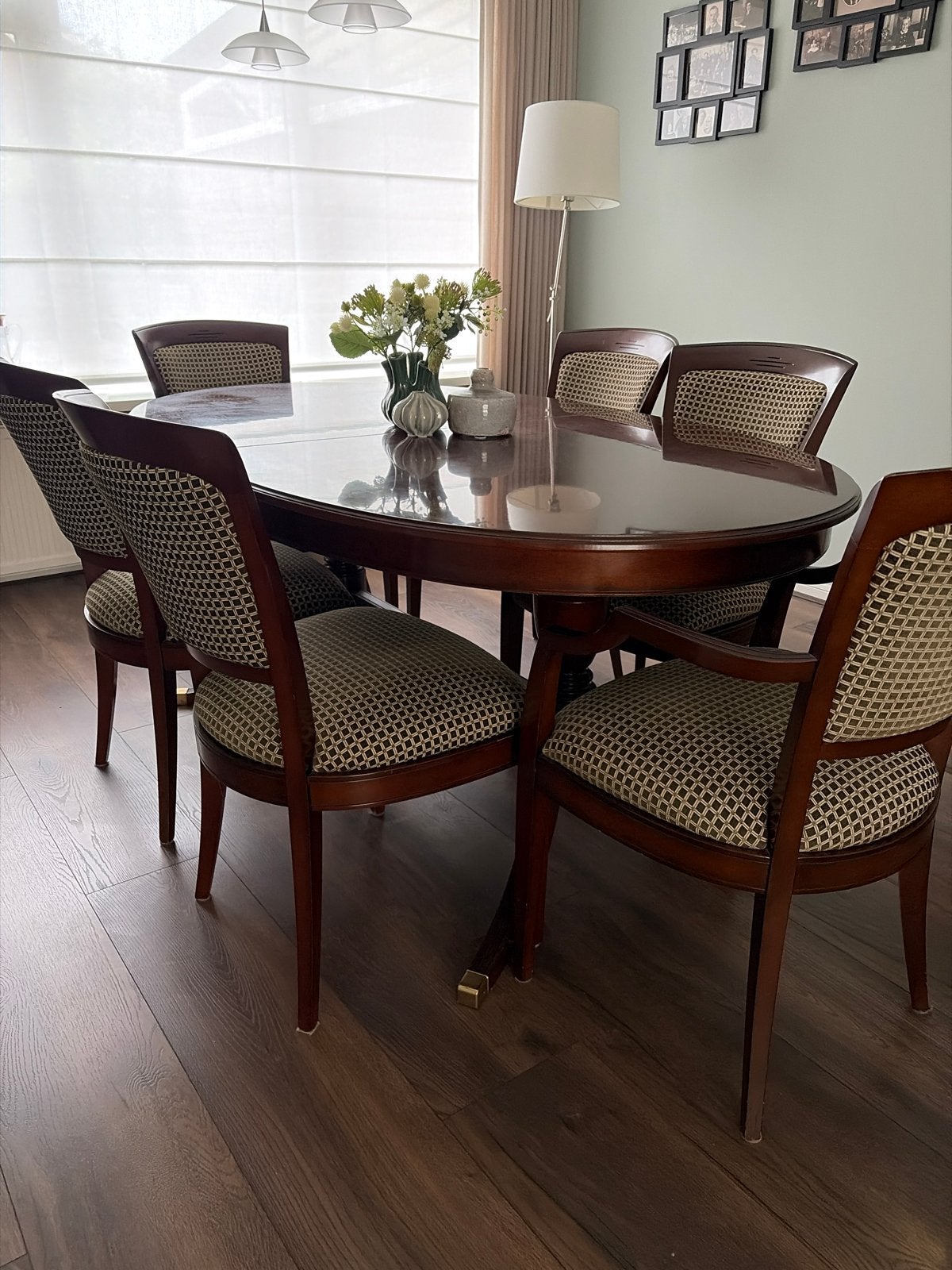 Massief houten eettafel met 6 stoelen, Ophalen, Gebruikt, 100 tot 150 cm, Vijf personen of meer