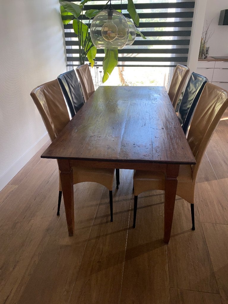 Leef/ eettafel met 6 stoelen, Huis en Inrichting, Ophalen, Gebruikt, Robuust, Landelijk, Teakhout