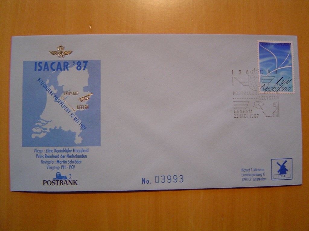 Speciale genummerde envelop postvlucht Prins Bernard 1987, Postzegels en Munten, Brieven en Enveloppen | Nederland, Ophalen of Verzenden