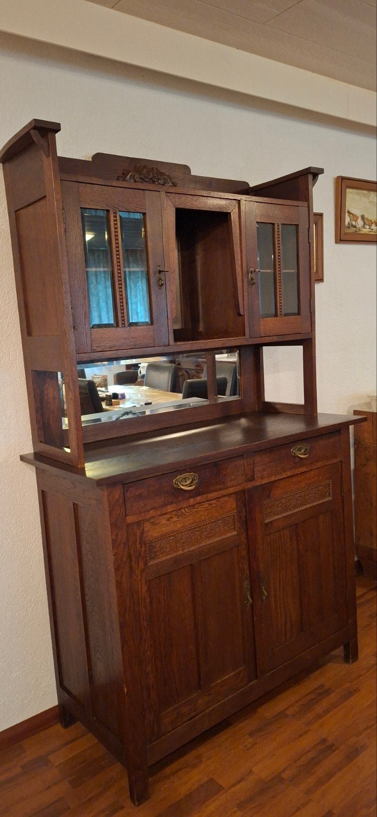 Art Nouveau Buffetkast met geslepen glas en spiegel, eiken, Ophalen