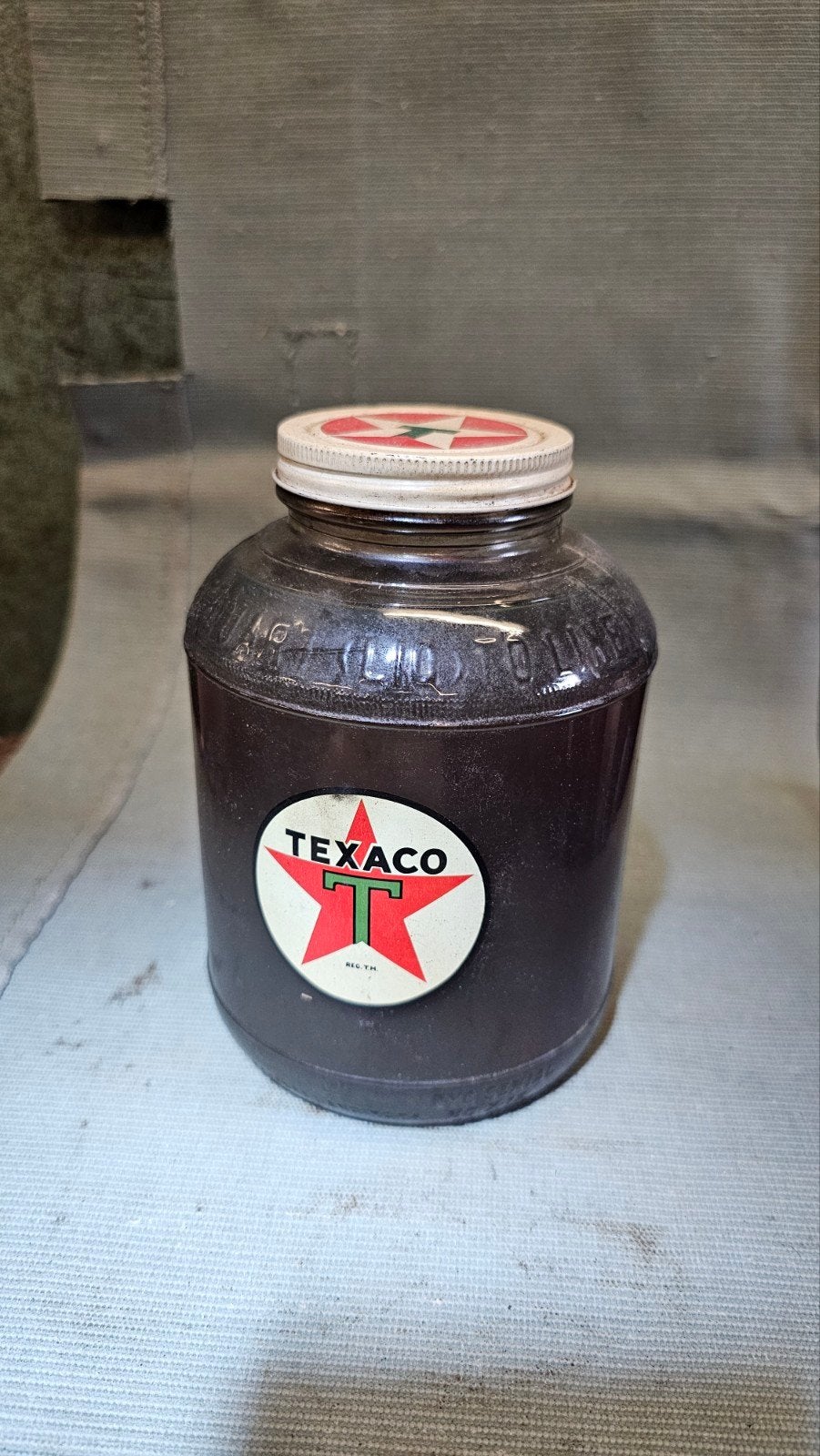 texaco oil jar  glazen olie pot, Verzamelen, Ophalen of Verzenden, Zo goed als nieuw, Gebruiksvoorwerp