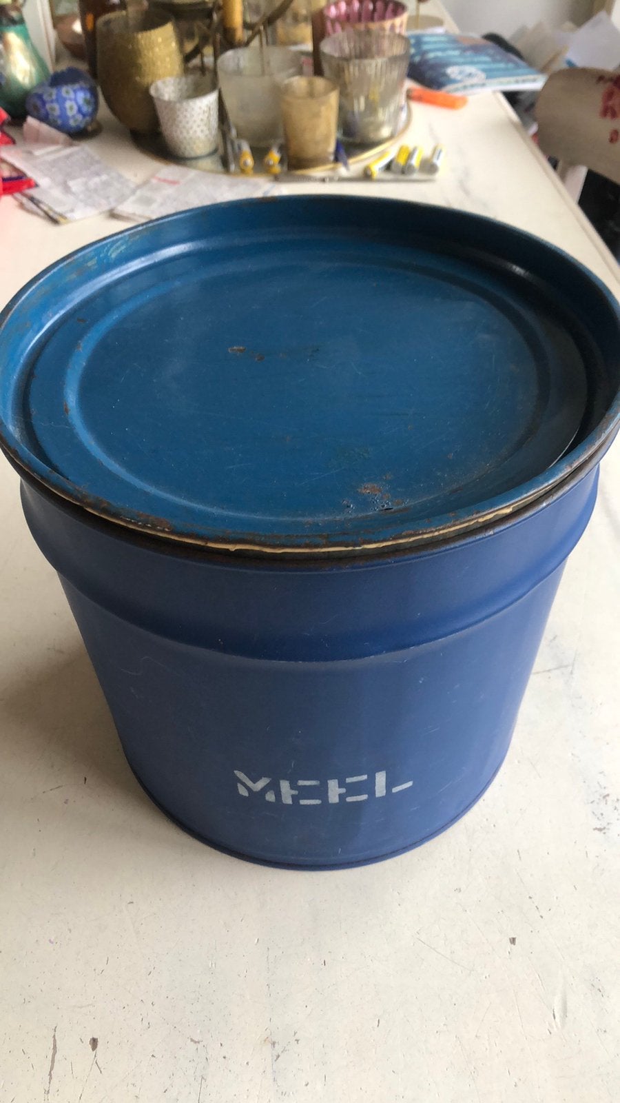 Groot blauw blik met tekst meel, Ophalen of Verzenden, Zo goed als nieuw, Overige