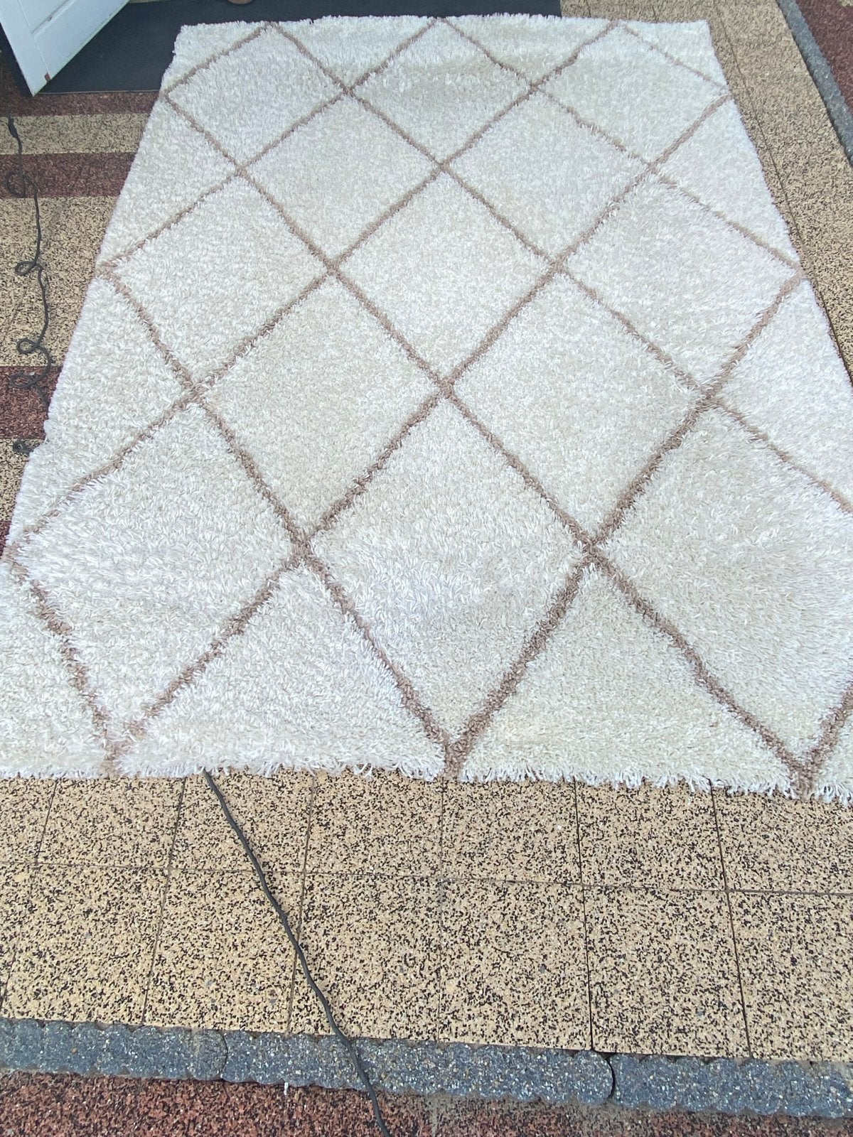 Alvor Shaggy Vloerkleed - Crème/Bruin Ruitpatroon, Huis en Inrichting, Ophalen, 150 tot 200 cm, 200 cm of meer, Zo goed als nieuw