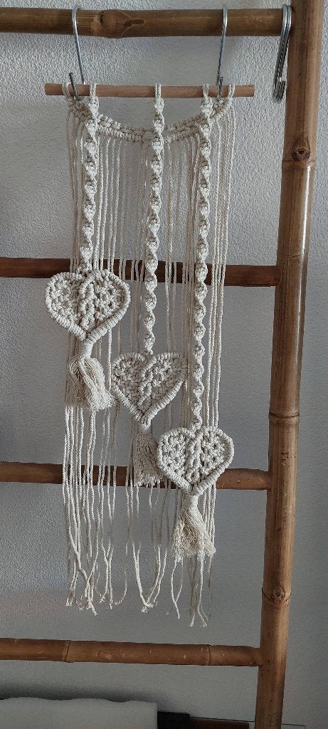 Macramé wandhanger met hartjes - Boho stijl, Beige, 65 cm, Textiel, Nieuw