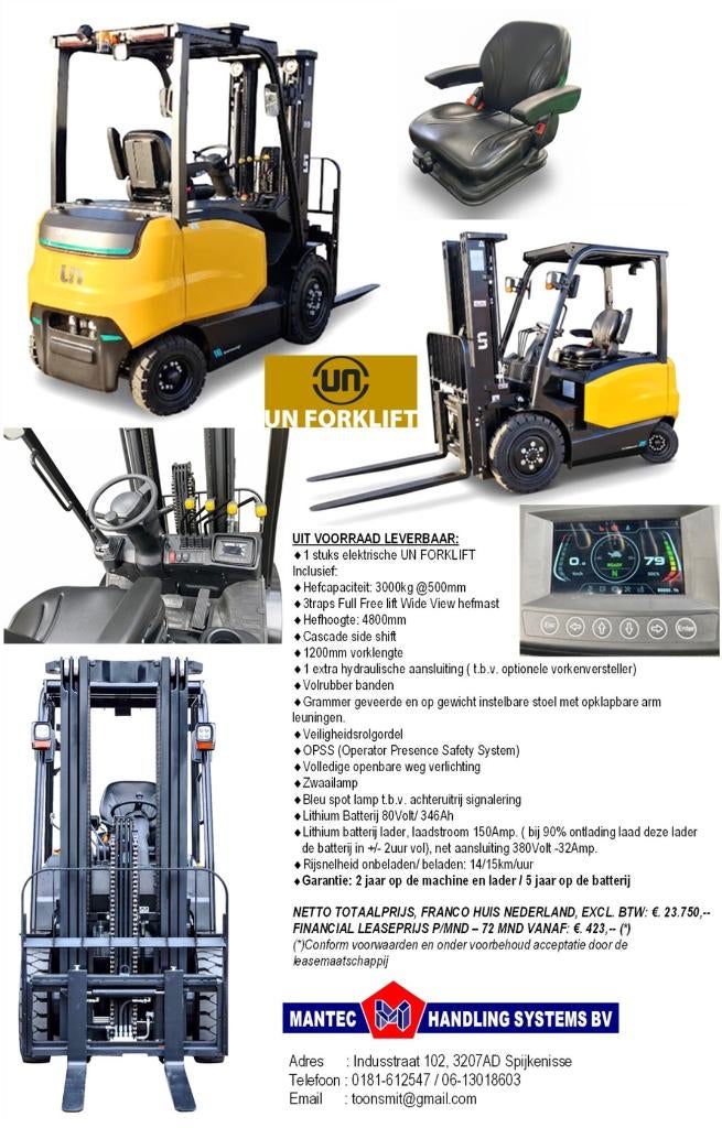 FABRIEKS NIEUWE UN-FORKLIFT 3 TON ELEKTRISCHE HEFTRUCK, Zakelijke goederen, Machines en Bouw | Heftrucks en Intern transport, 3000 tot 4000 kg