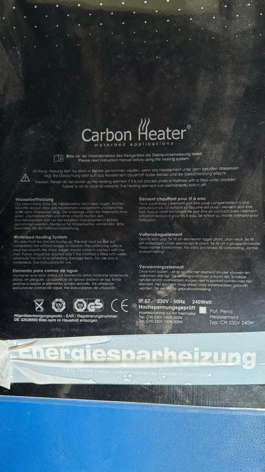 Carbon Heater Waterbed Verwarming, Huis en Inrichting, Ophalen, Zo goed als nieuw, Eenpersoons