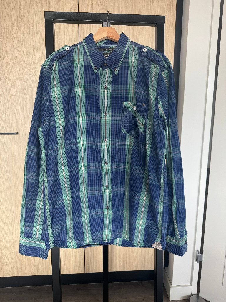 Vanguard - XL - Overhemd blauw groen met blokjes, Ophalen of Verzenden, Zo goed als nieuw, Blauw, Halswijdte 43/44 (XL)