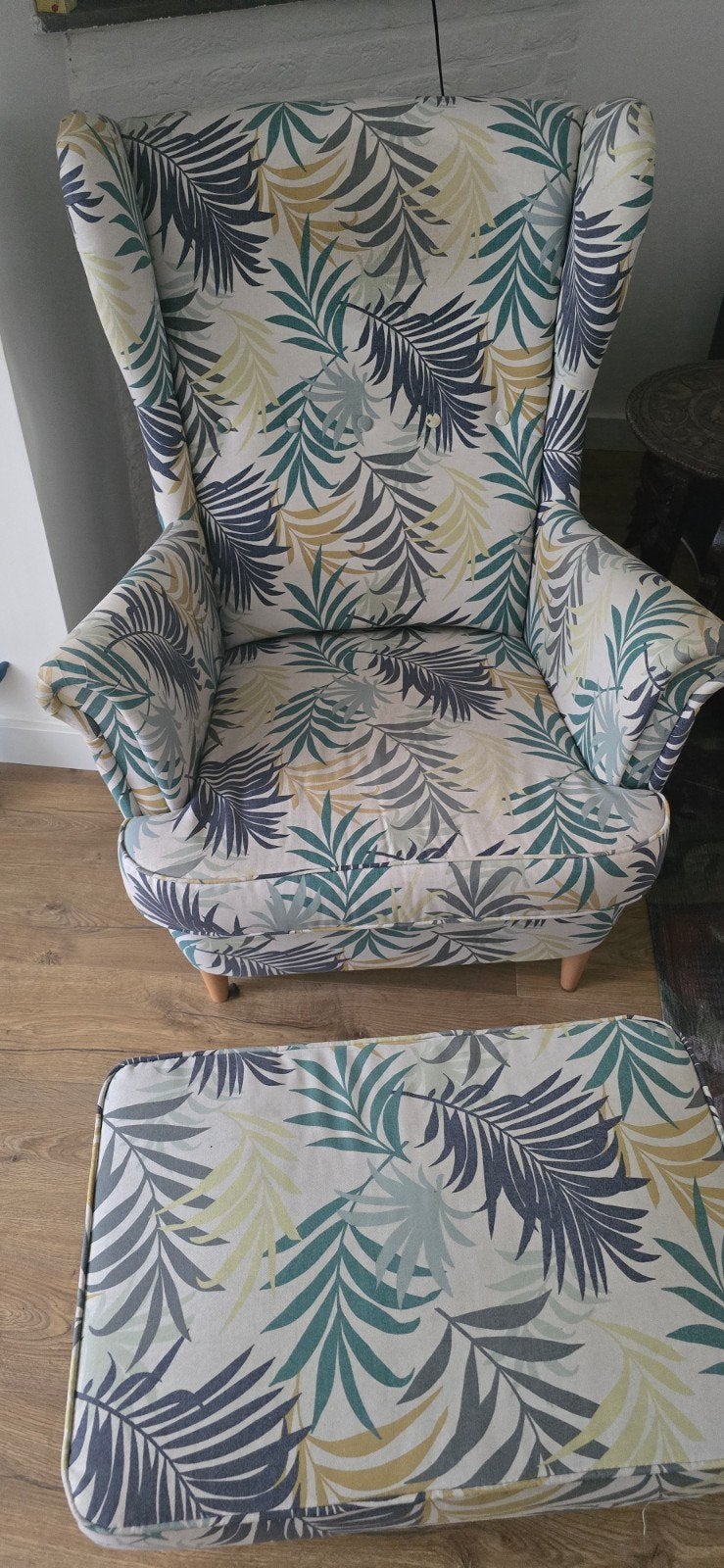 Fauteuil met voetenbank - Tropische print, Ophalen, Gebruikt, Tropisch, Modern, 75 tot 100 cm