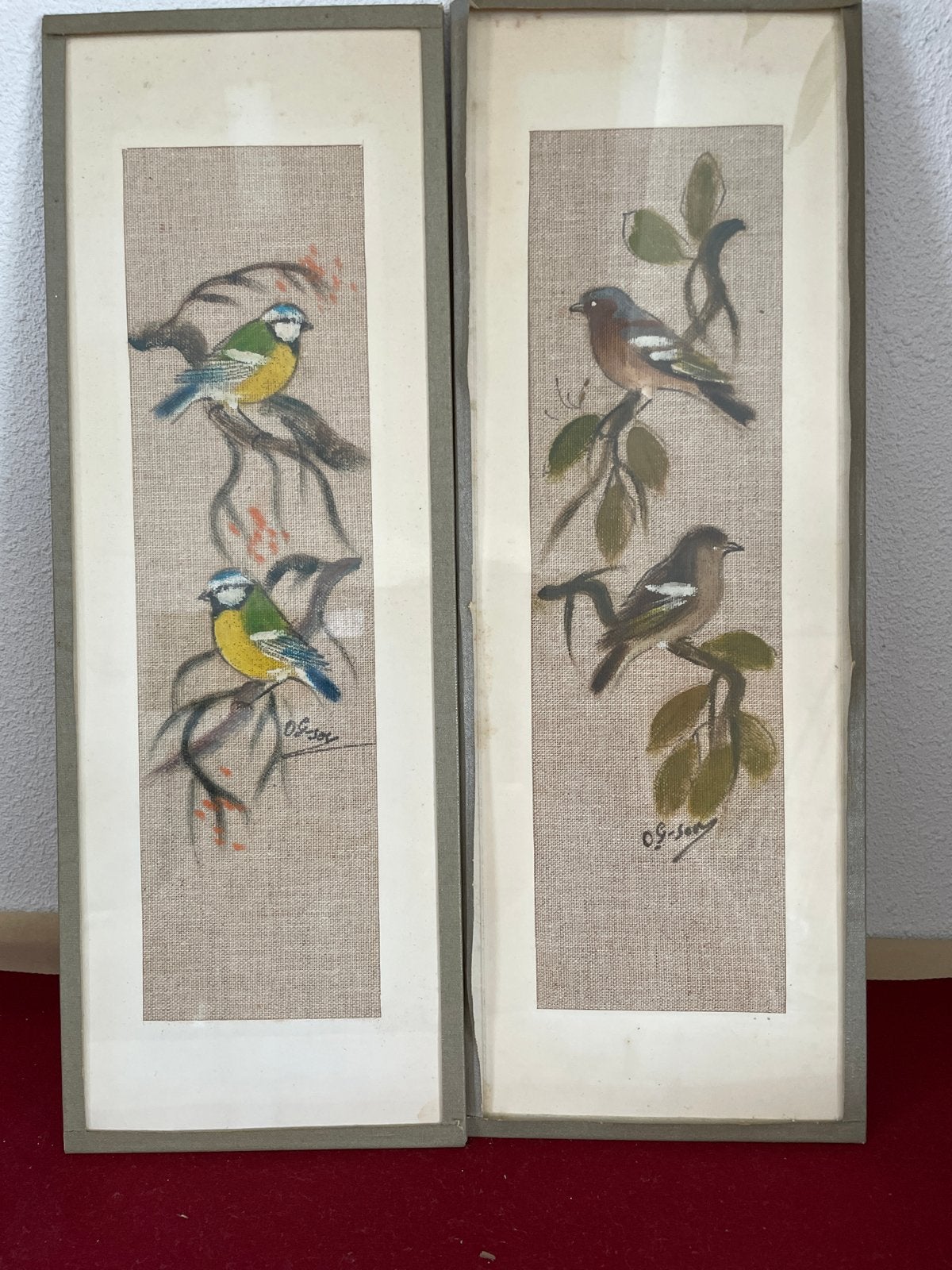2 Vintage Schilderijen Vogels op Jutte, Gesigneerd (41x14cm), Ophalen of Verzenden