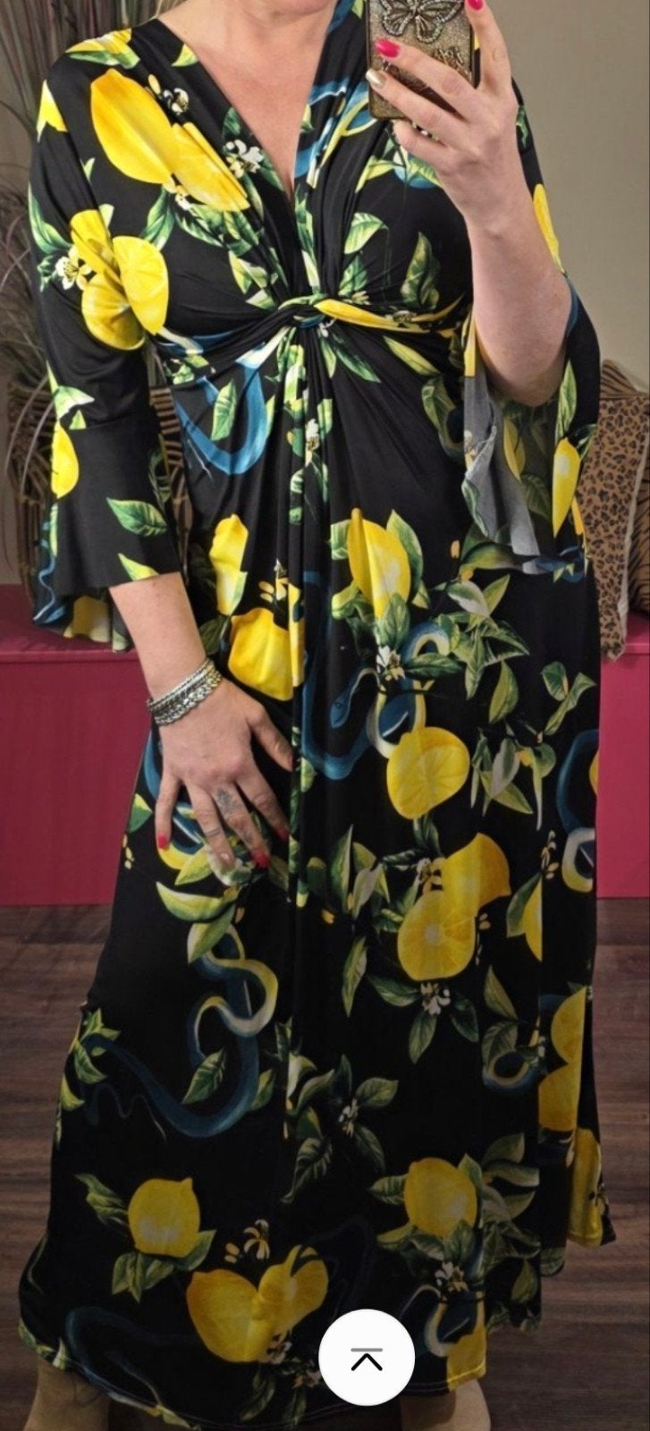 Dejacque jurk met citroenprint S/M, Kleding | Dames, Jurken, Gedragen, Maat 46/48 (XL) of groter, Zwart, Onder de knie, Ophalen of Verzenden