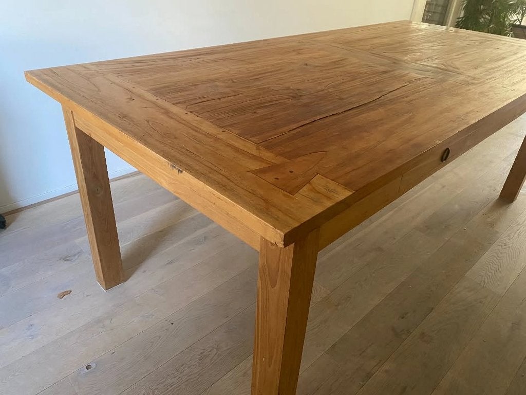 Massief eikenhouten eettafel 220 x 110 cm – 2 laden, Huis en Inrichting, Ophalen, Landelijk or Rustiek, Gebruikt, 100 tot 150 cm
