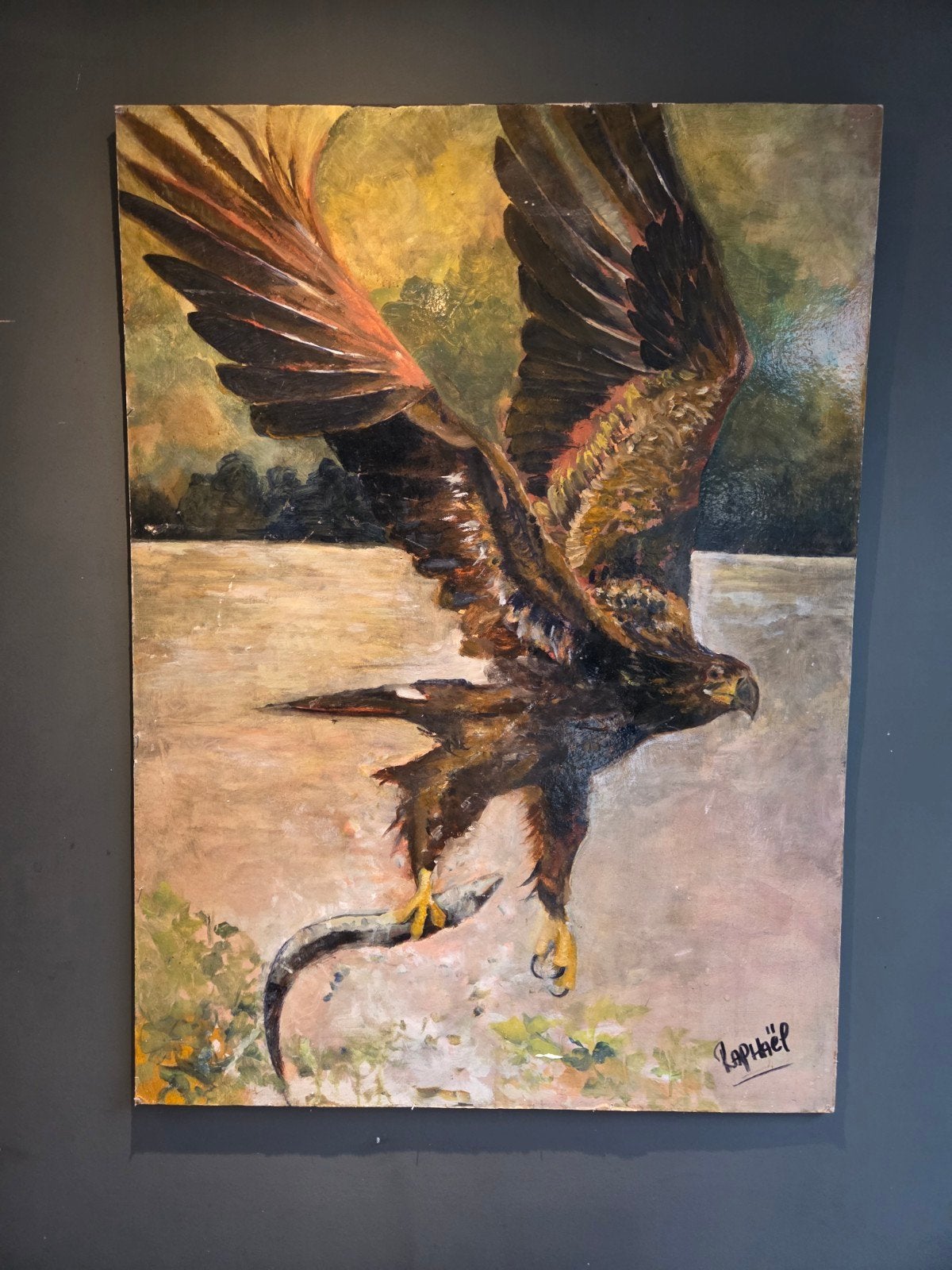 Olieverfschilderij van een arend met prooi, gesigneerd, Doek, Realistisch, Dieren, Ophalen of Verzenden