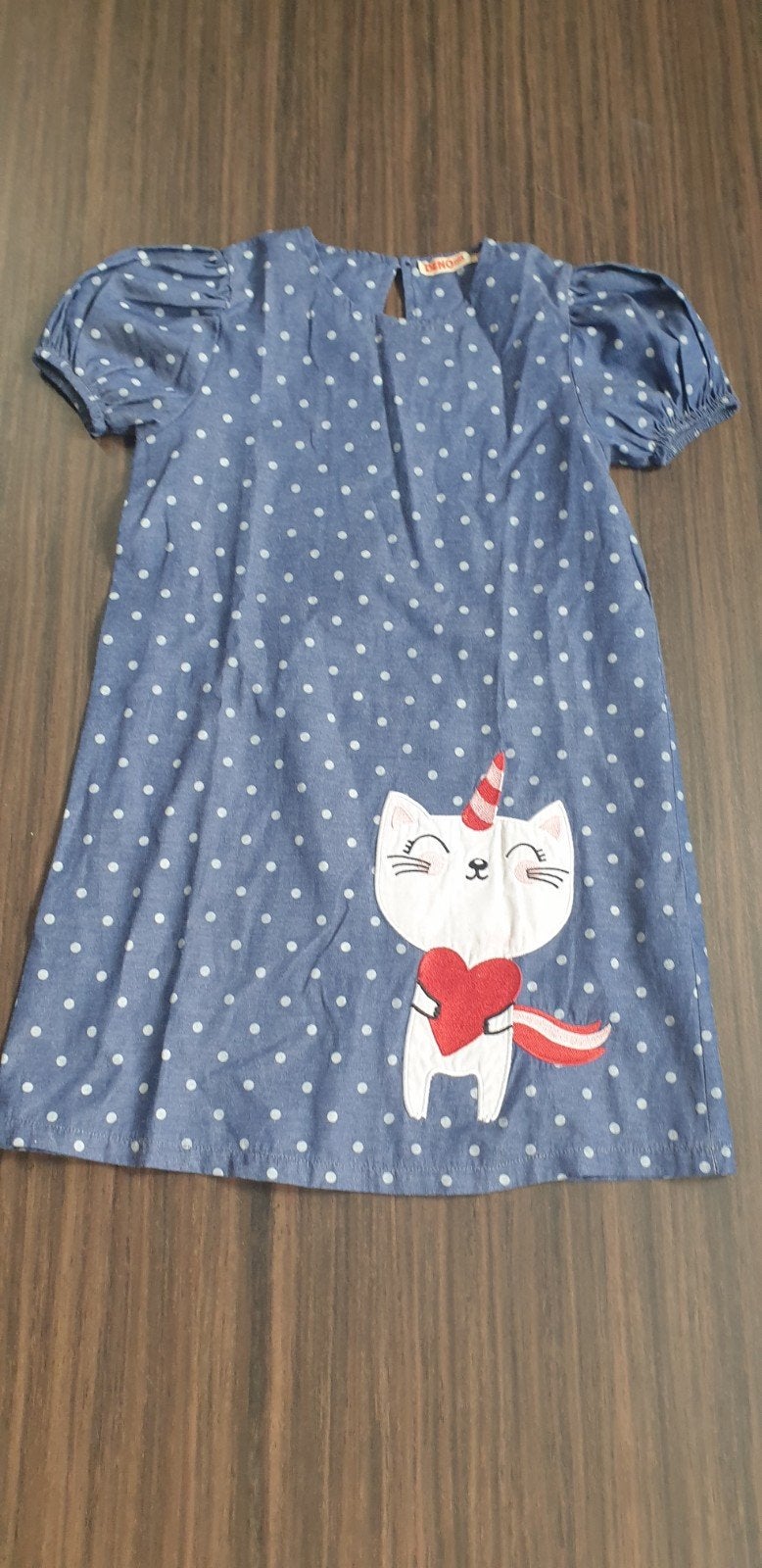 Leuke blauwe jurk met stippen en eenhoorn kat, Meisje, Ophalen of Verzenden, Jurk of Rok, DENO KIDS