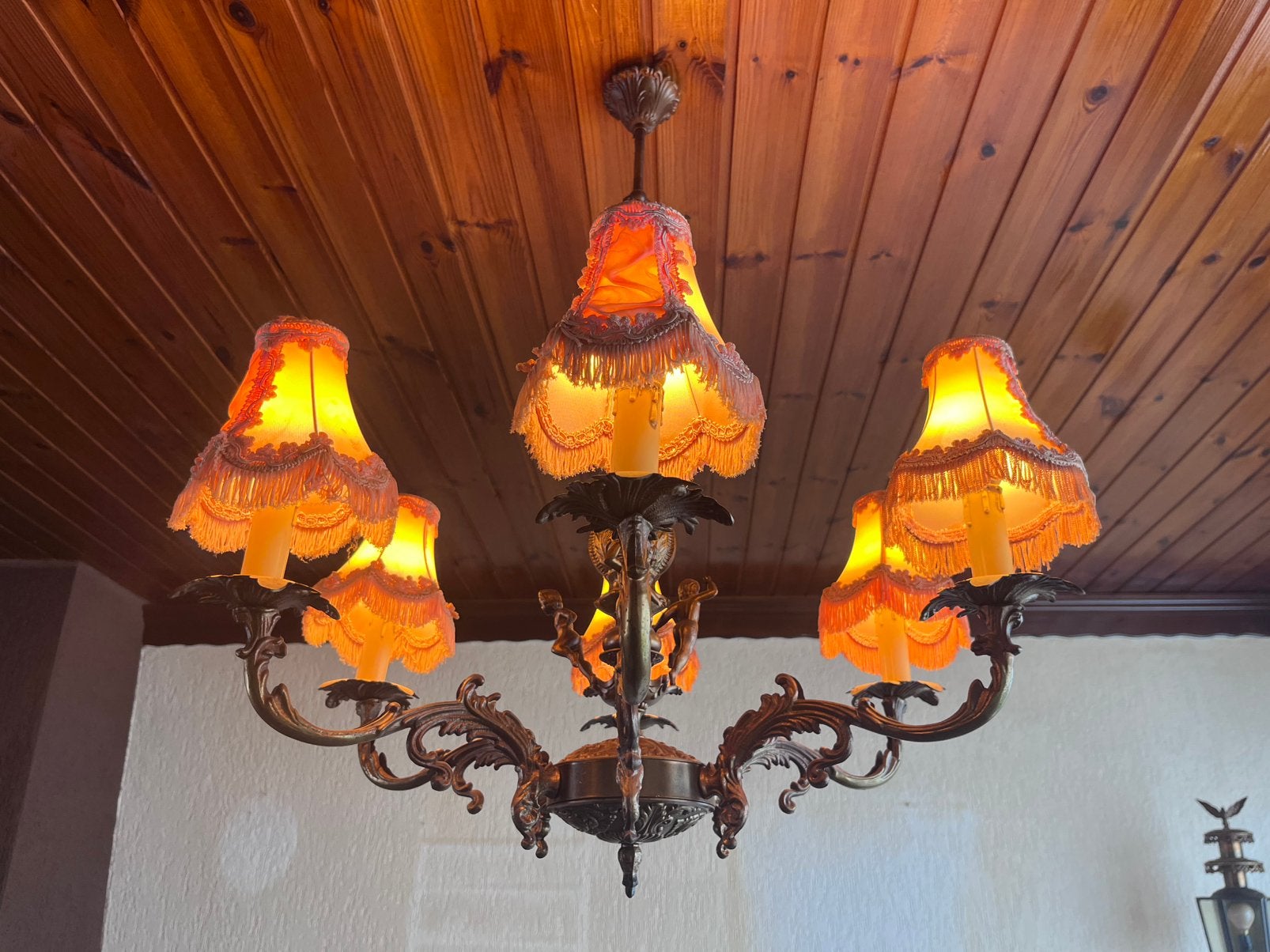 Grote bronzen/messing kroonluchter – Barokstijl – 6 lichts, Ophalen, Gebruikt, Metaal, Barok, Lodewijk