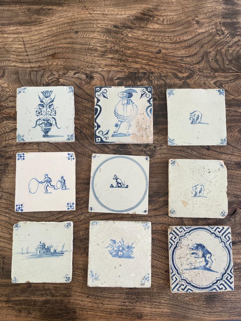 Set van 9 Antieke Delfts Blauwe Tegels - Diverse Motieven, Antiek en Kunst, Ophalen