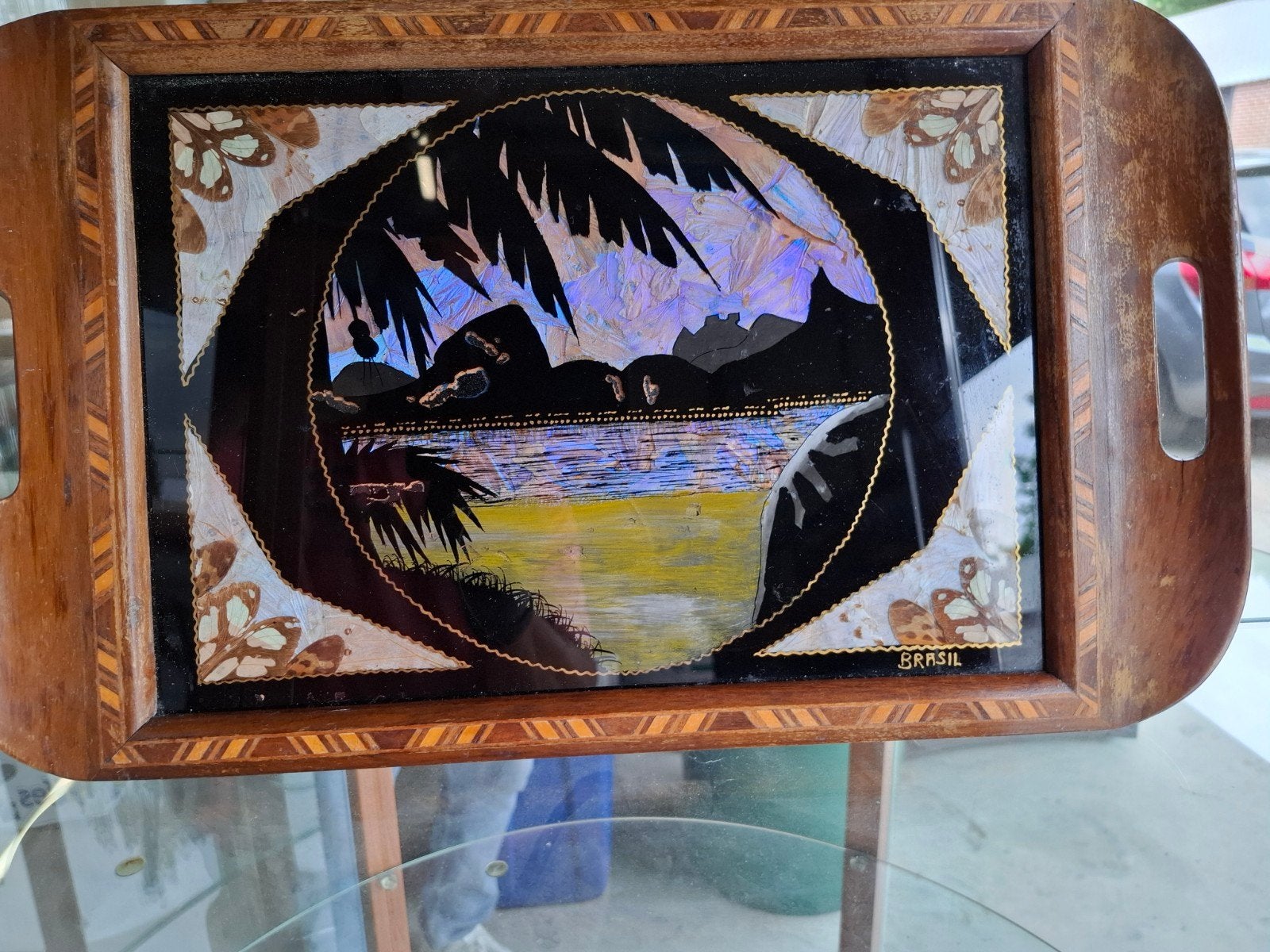 Vintage Braziliaans dienblad met vlindervleugelkunst, Antiek en Kunst, Ophalen of Verzenden