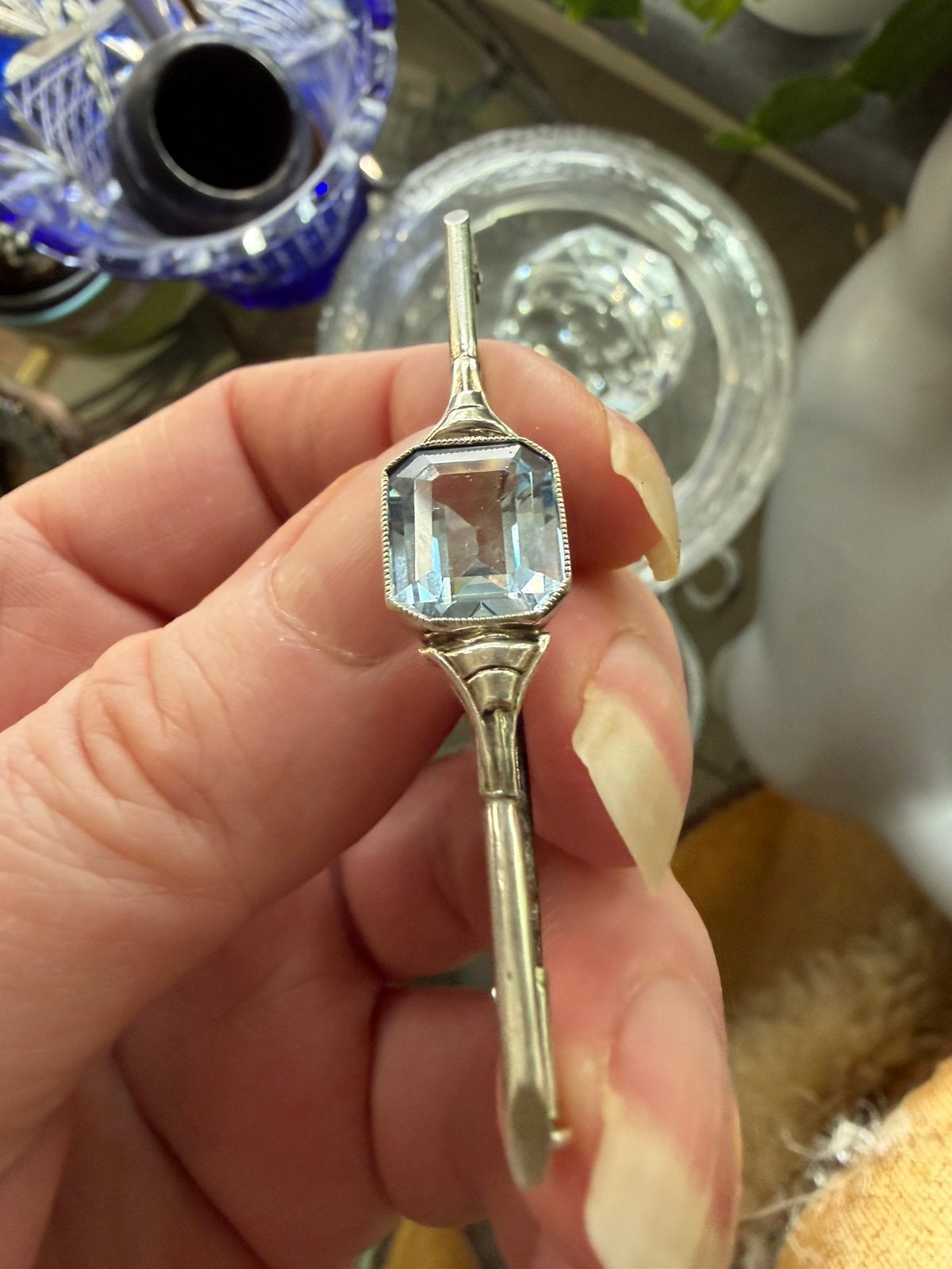 Antieke zilveren speld met blauwe edelsteen, Sieraden, Tassen en Uiterlijk, Verzenden, Zilver, Broche, Met edelsteen