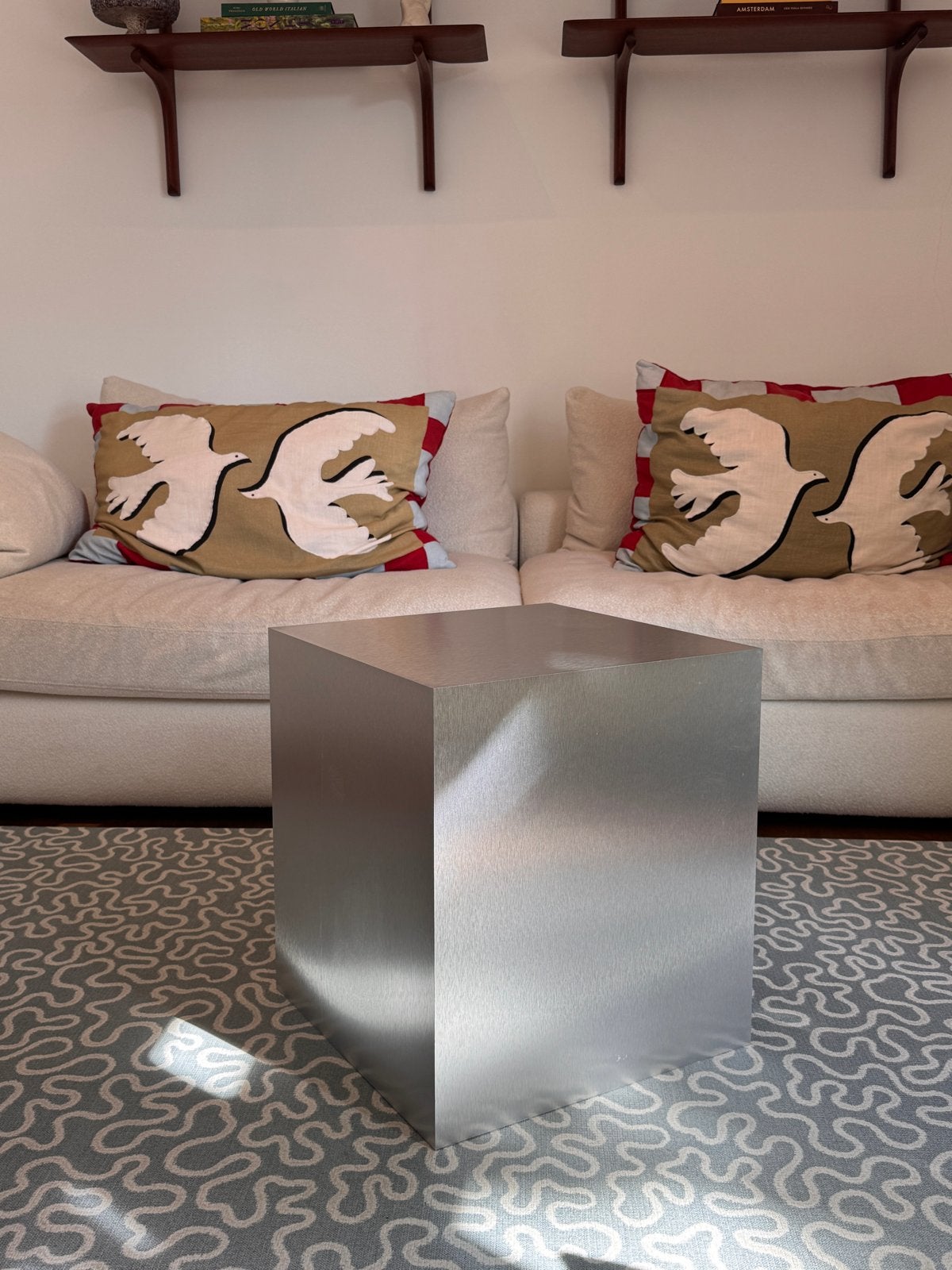 Moderne kubus bijzettafel geborsteld zilver, Huis en Inrichting, Tafels | Bijzettafels, Ophalen, Minder dan 45 cm, Minder dan 55 cm