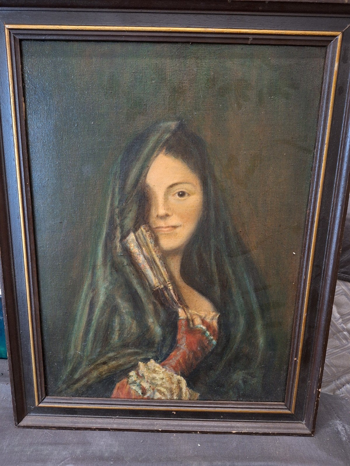 Oud portret van vrouw met waaier, olieverf op doek, Doek, Portret of Personen, Ophalen of Verzenden, Olieverf