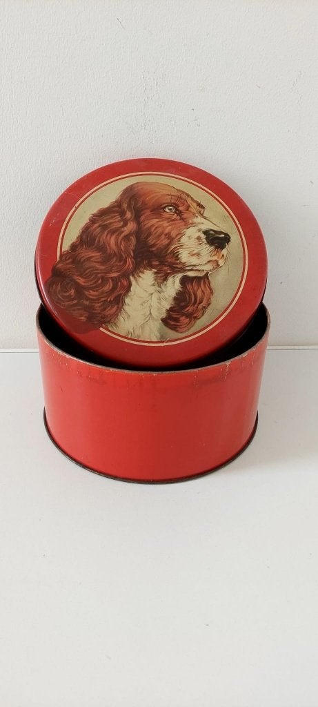Vintage Lonka blik Ierse Setter / Spaniël Retro koek trommel, Verzamelen, Ophalen of Verzenden, Gebruikt, Koek(jes), Overige merken