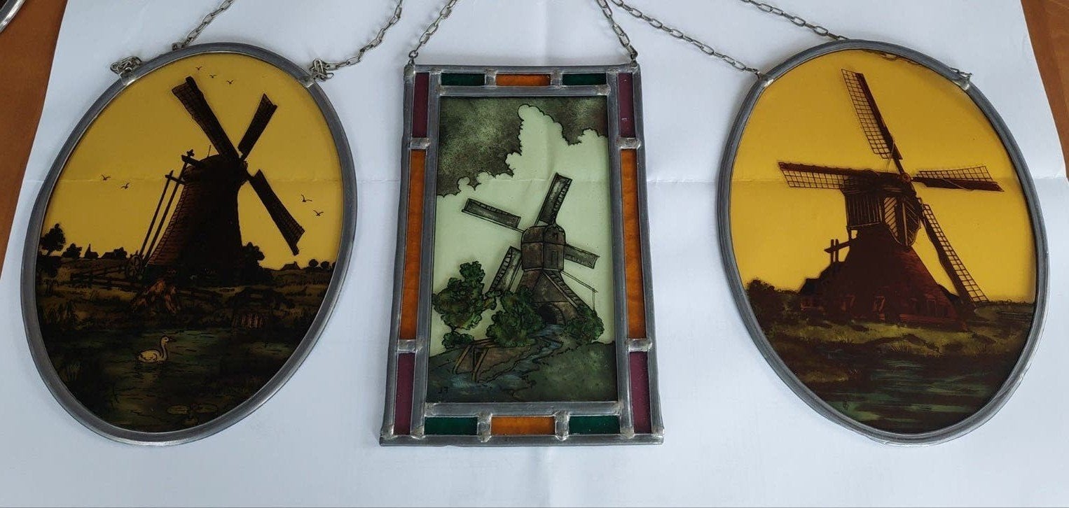 Set van 3 glas-in-lood molen decoraties, Ophalen