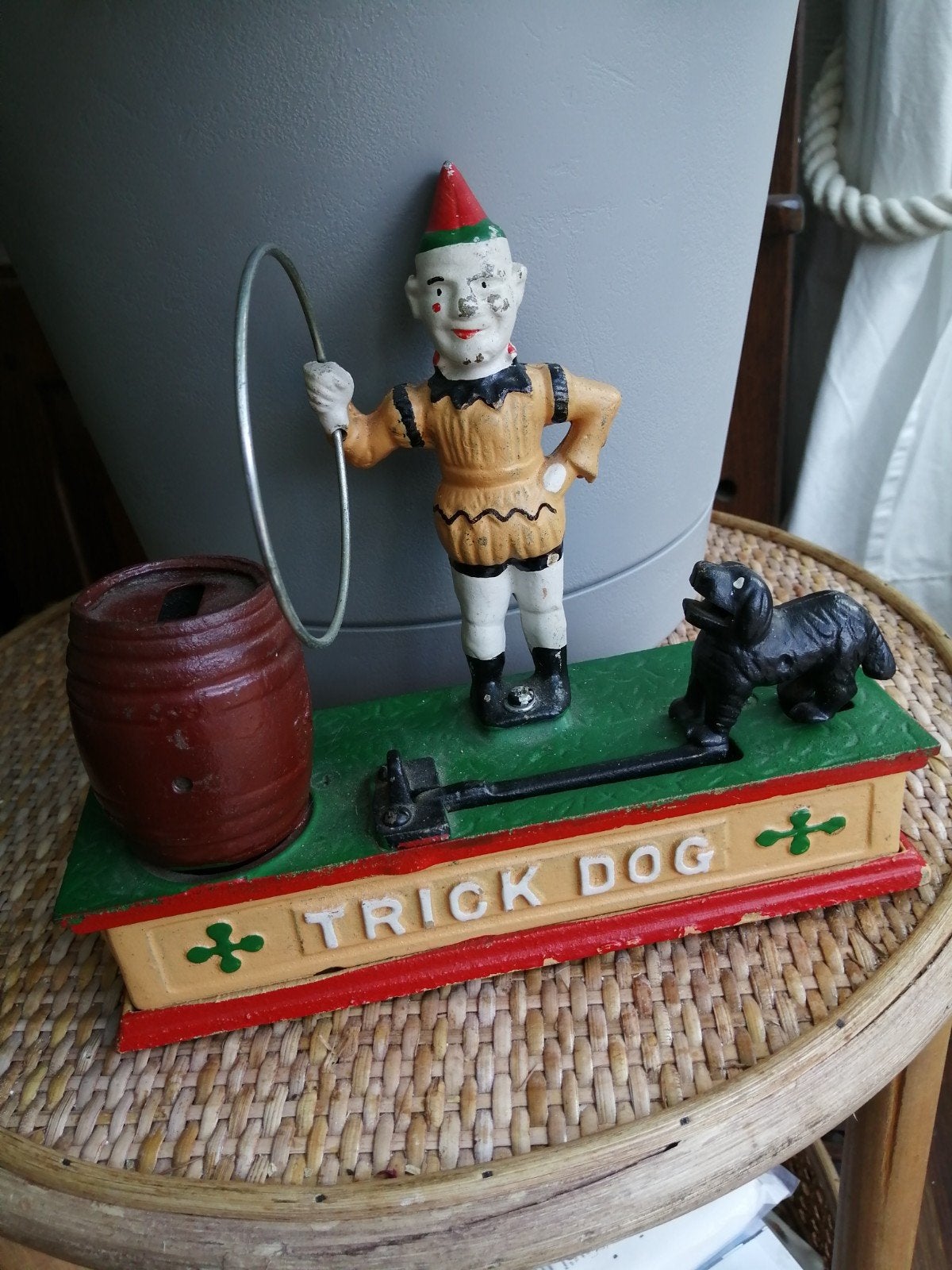 Antieke Trick Dog spaarpot, gietijzer, mechanisch, Ophalen of Verzenden