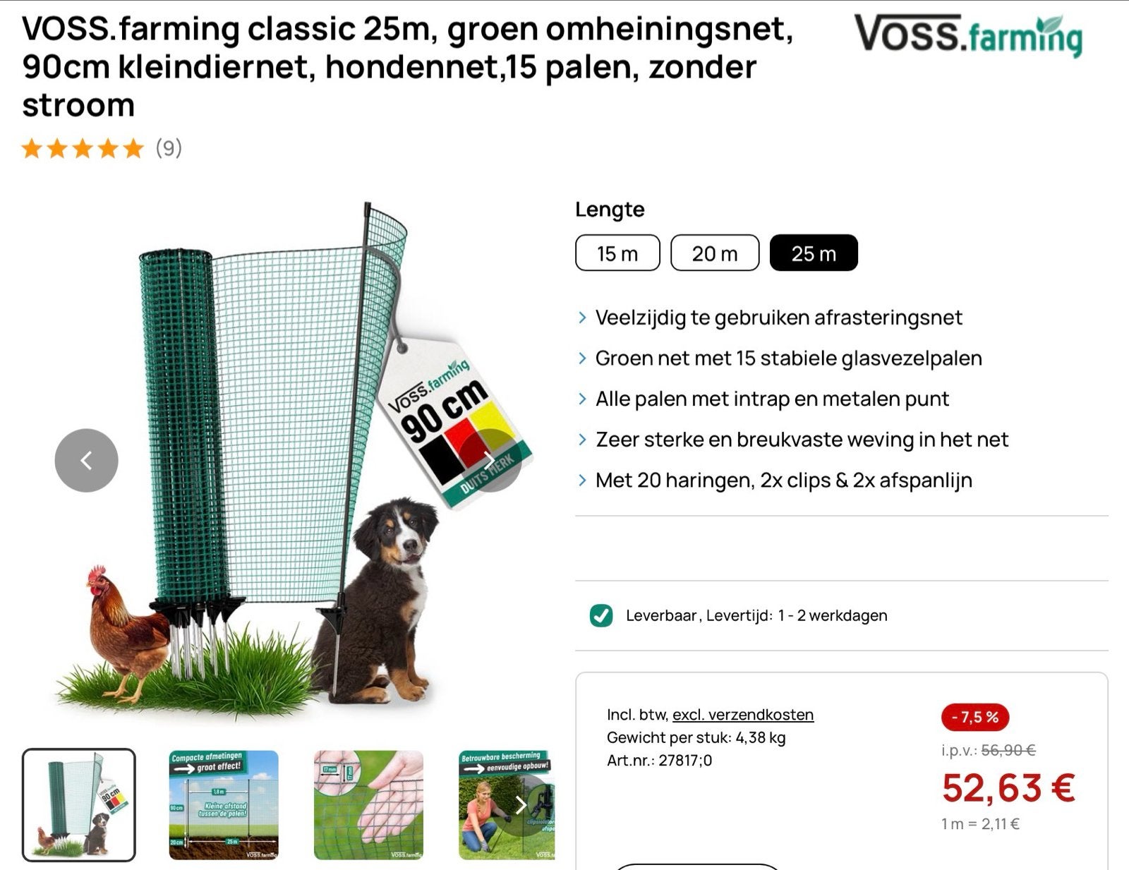 Afrasteringsnet 10+15m, 90cm hoog groen voor bijv. hond, Ophalen, Gebruikt