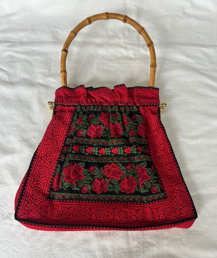 Vintage tas met bamboe handvat, Ophalen of Verzenden, Zo goed als nieuw, Handtas