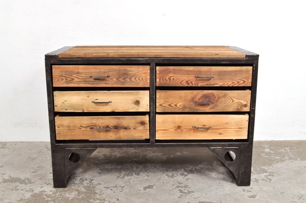 Vintage industriële werkbank ladekast dressoir kookeiland, Overige houtsoorten, Gebruikt, 100 tot 150 cm, 5 laden of meer