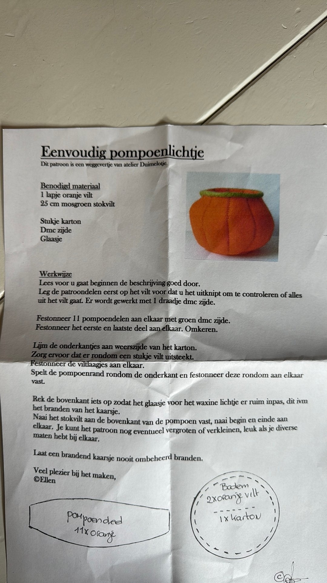 Patroon: Eenvoudig pompoenlichtje van vilt, Oranje, Overige thema's, Textiel, Nieuw