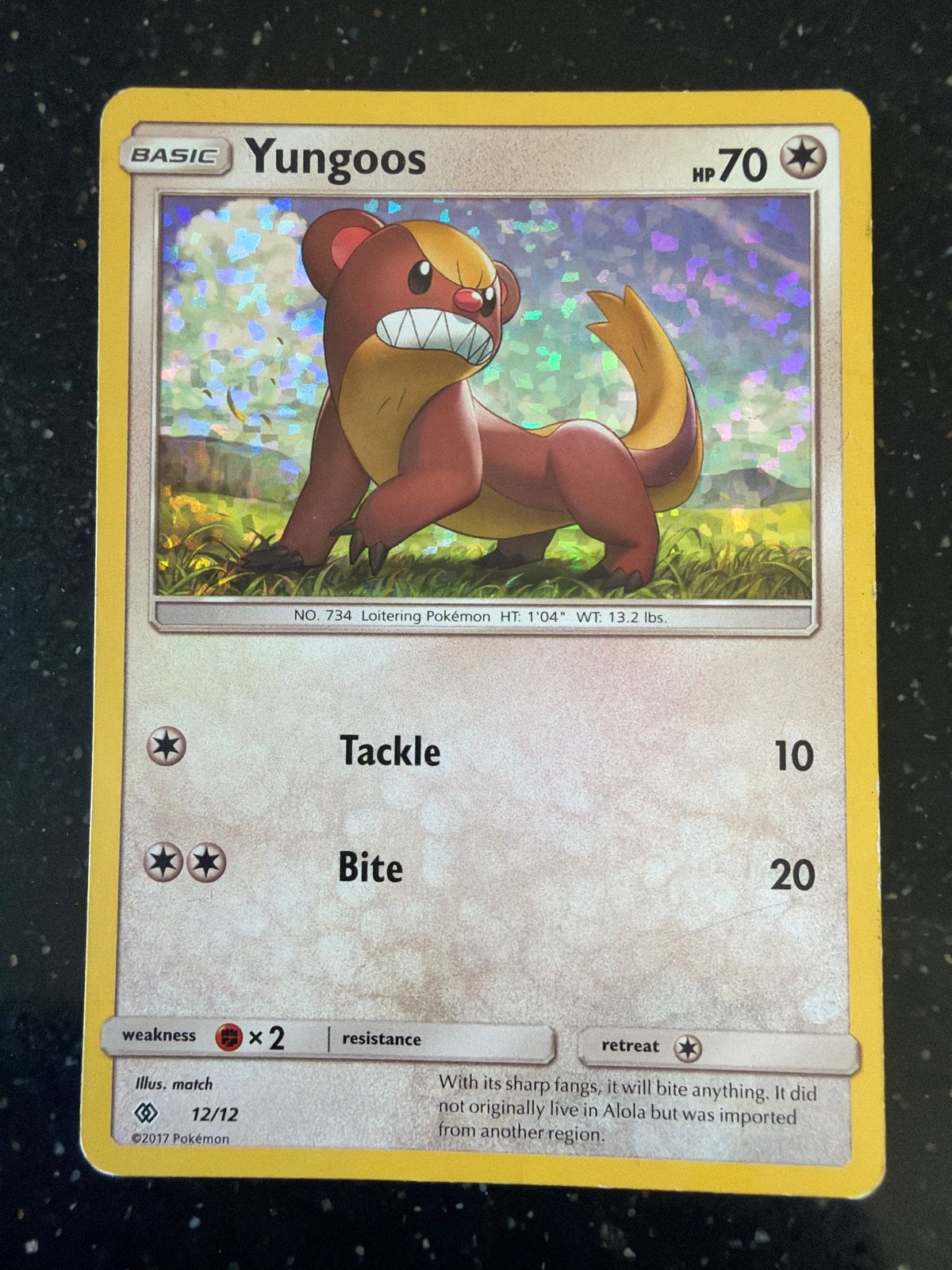 Yungoos Pokémon Kaart - Basic, HP 70, 12/12, Ophalen of Verzenden, Gebruikt, Losse kaart, Foil