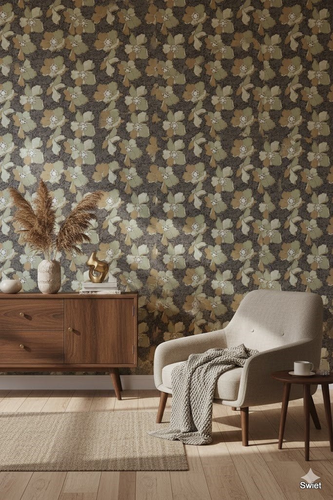 14235 gestileerd bloemenbehang 70s jaren 70 retro swiet, Ophalen of Verzenden, Bruin